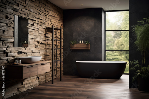 Bathroom  washroom Mockup  with Towel on fern with candles and black hot stone on wooden background. Hot stone massage setting lit by candles