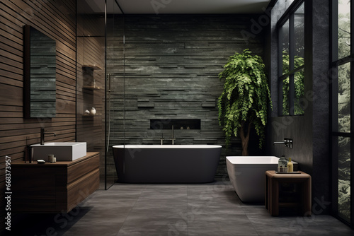 Bathroom, washroom Mockup, with Towel on fern with candles and black hot stone on wooden background. Hot stone massage setting lit by candles