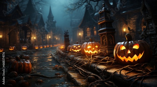 An eerie Halloween scene set at night in a spooky, old village. Street lined with numerous glowing jack-o'-lanterns pumpkins adding a feeling of mystery and fear. Generative Ai