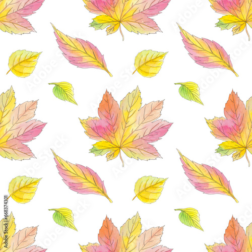 Watercolor maple, birch leaves autumn seamless pattern with isolated. Beautiful colorful botanical illustration. Art for design card, textile, wedding invitation, paper, wallpaper.