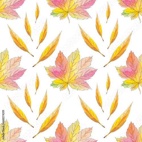 Watercolor maple, willow leaves autumn seamless pattern with isolated. Beautiful colorful botanical illustration. Art for design card, textile, wedding invitation, paper, wallpaper