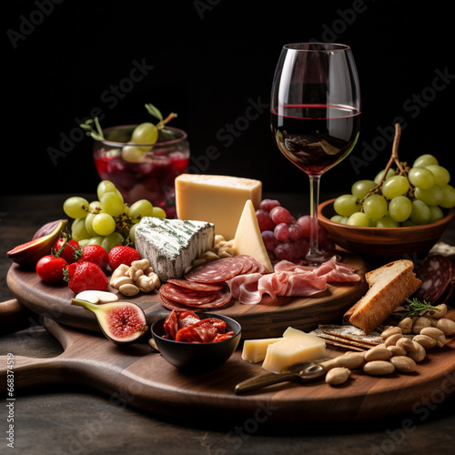 Fotografia con detalle y textura de tabla de quesos y embutidos, junto a uvas y una copa de vino