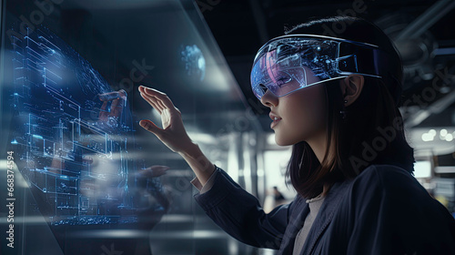 young woman typing on a virtual screen., augmented reality