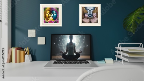Despacho de una mujer que sabe armonizar su trabajo con la paz interior y la meditación. Mujer meditando en la laptop. Cuadros increíbles de manifestaciones de Buda amando. Despertar espiritual. photo