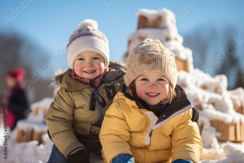Two children smiling while near some snow toys.