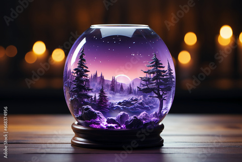 A snowglobe with low hills of snow inside and nothing else, on a wooden table, blurry neon - purple lights in the back. AI generative