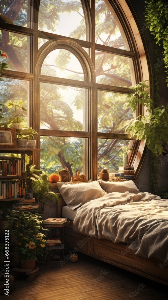 Fototapeta premium A bed in a room with a large window
