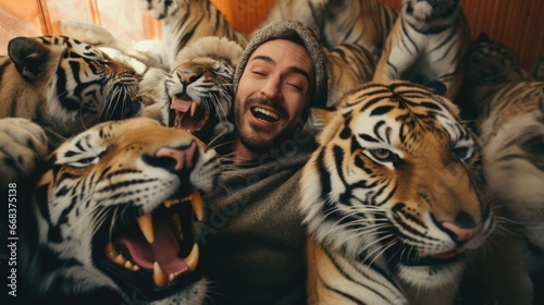 A man is surrounded by a bunch of tigers
