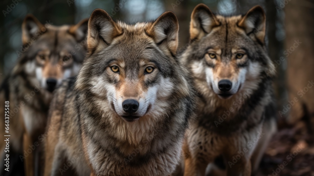 Three wolf in the forest, close-up portrait, selective focus. Wildlife concept with a copy space.