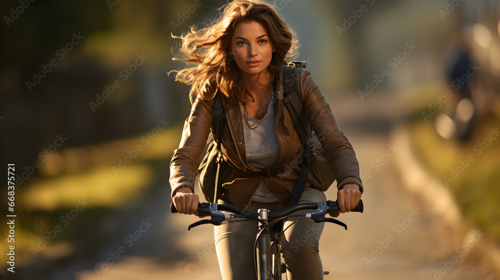 Happy young girl riding a bike in a country side gravel road in summer, learning to drive bicycle - obrazy, fototapety, plakaty 