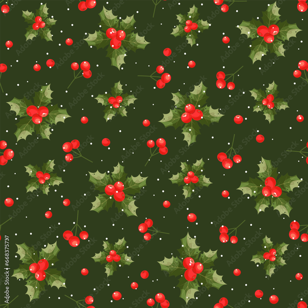 New Year's symbols - berries holly. Seamless vector pattern. Leaves, red berries, graceful snowflakes on a dark green backdrop. Good for fabric, wallpaper, packaging, textile, web design. New Year's symbols - berries holly. Seamless vector pattern. Leaves, red berries, graceful snowflakes on a dark green backdrop. Good for fabric, wallpaper, packaging, textile, web design.
