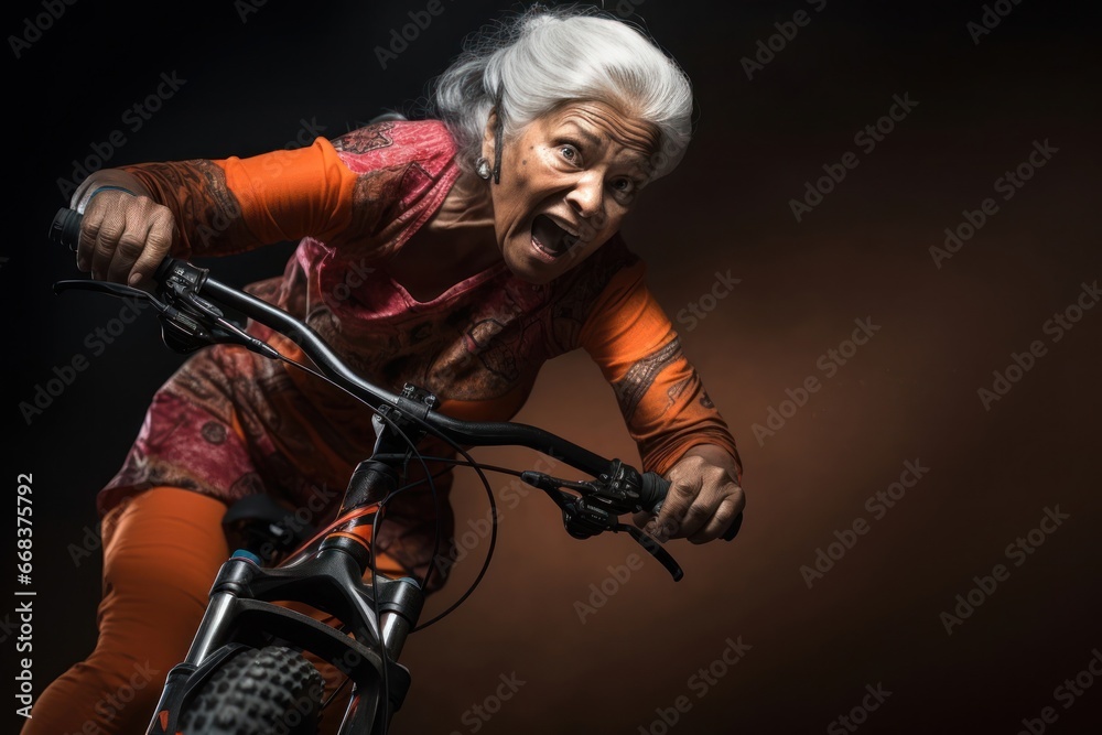 East Indian Female Elderly Cycling Extreme Sports Backdrop Generative AI