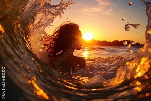 Young cheerful woman bathing in warm tropical sea