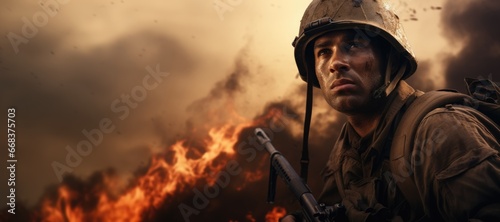 A World War II Soldier in Uniform  Holding a Rifle  Stands Heroically Against a War Scene Background  Symbolizing Courage and Heroism