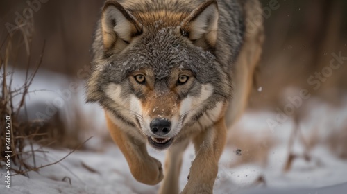 Close-up portrait of a wolf running in the winter forest. Wildlife concept with a copy space.