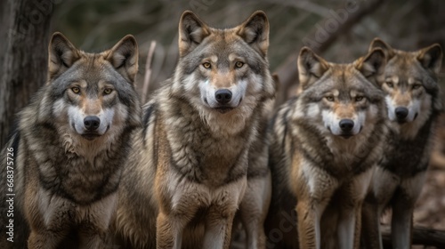Portrait of a pack of wolves in the forest. Wild animals.