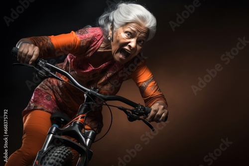 East Indian Female Elderly Cycling Extreme Sports Backdrop Generative AI © Johnathan