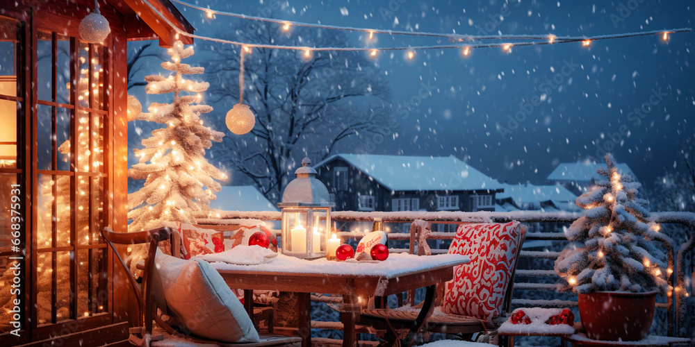 Beautiful outdoor winter terrace with Christmas decorations and snowfall. Selective focus