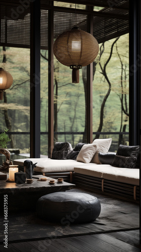 Asian living room with a direct view into an forrest in japan. Japandi interior. AI generated photo