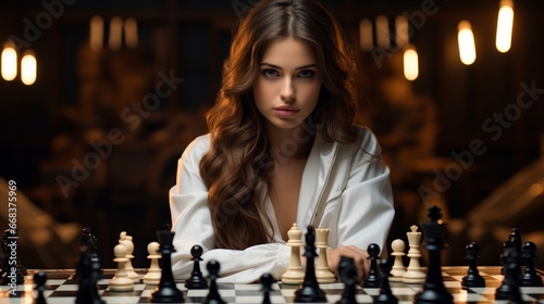 Beautiful girl play chess, queen gambit play and everyone wins, a smart and pensive face. White and black chess pieces are displayed on the board. Mental game, a lot of time to last, not for fools photo