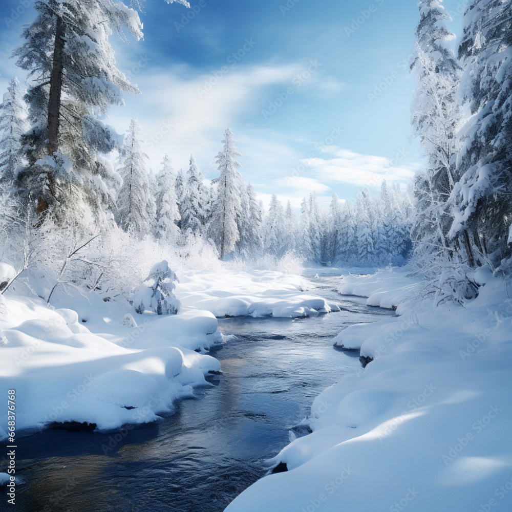 Fondo natural con detalle de paisaje de montaña con nieve y rio Fondo natural con detalle de paisaje de montaña con nieve y rio
