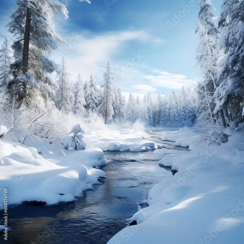 Fondo natural con detalle de paisaje de montaña con nieve y rio © Iridium Creatives