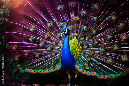 a colorful peacock standing in front of a blue sky