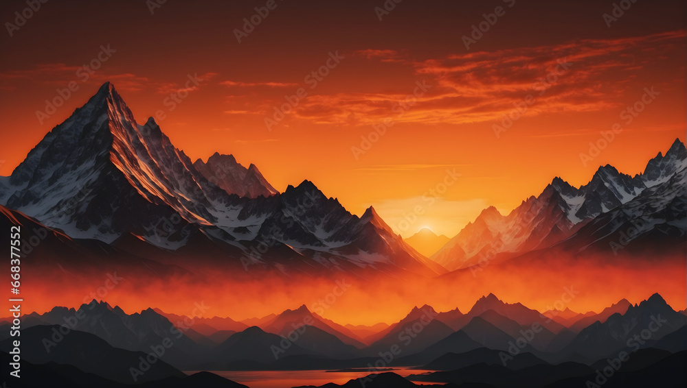 The silhouette of jagged mountain peaks against a vivid orange sunset, Generative AI