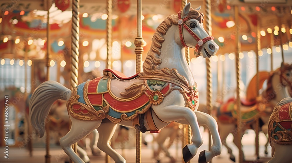 a classic wooden carousel in motion, adorned with meticulously handcrafted horses and ornate decorations, capturing the magic of childhood
