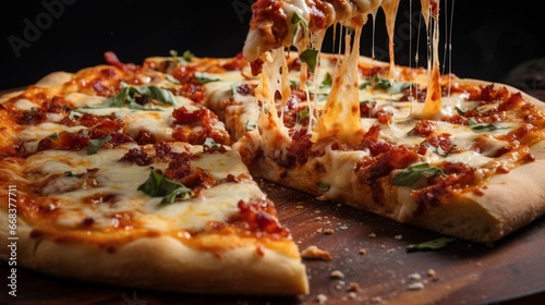 A close-up of a loaded, mouthwatering pizza, oozing with melted cheese.
