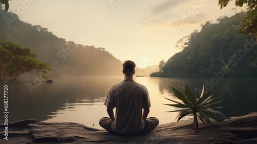 Man Practicing Mindfulness and Meditation in A Peaceful Natural Environment 