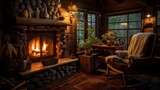 a cozy cabin interior with handcrafted wooden furniture, bathed in the warm glow of a crackling fireplace, exuding rustic charm