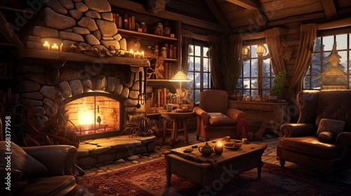 a cozy cabin interior with handcrafted wooden furniture, bathed in the warm glow of a crackling fireplace, exuding rustic charm