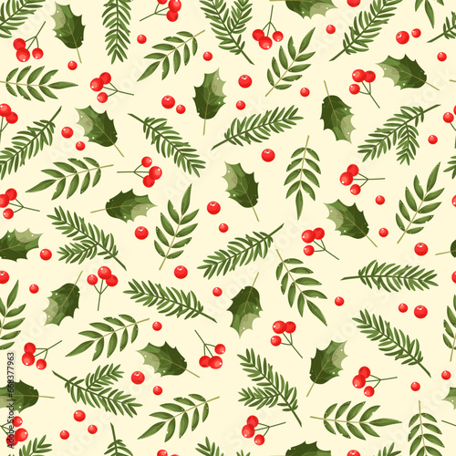 New Year's symbols - branches of Christmas tree, pine, cedar, berries holly. Elegant seamless pattern on a light background. Great for Christmas wrapping paper, packaging, textile. Festive concept.