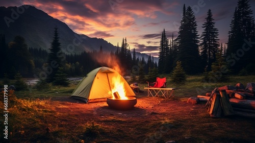 A cozy campsite in the wilderness, with a tent pitched beside a crackling fire.