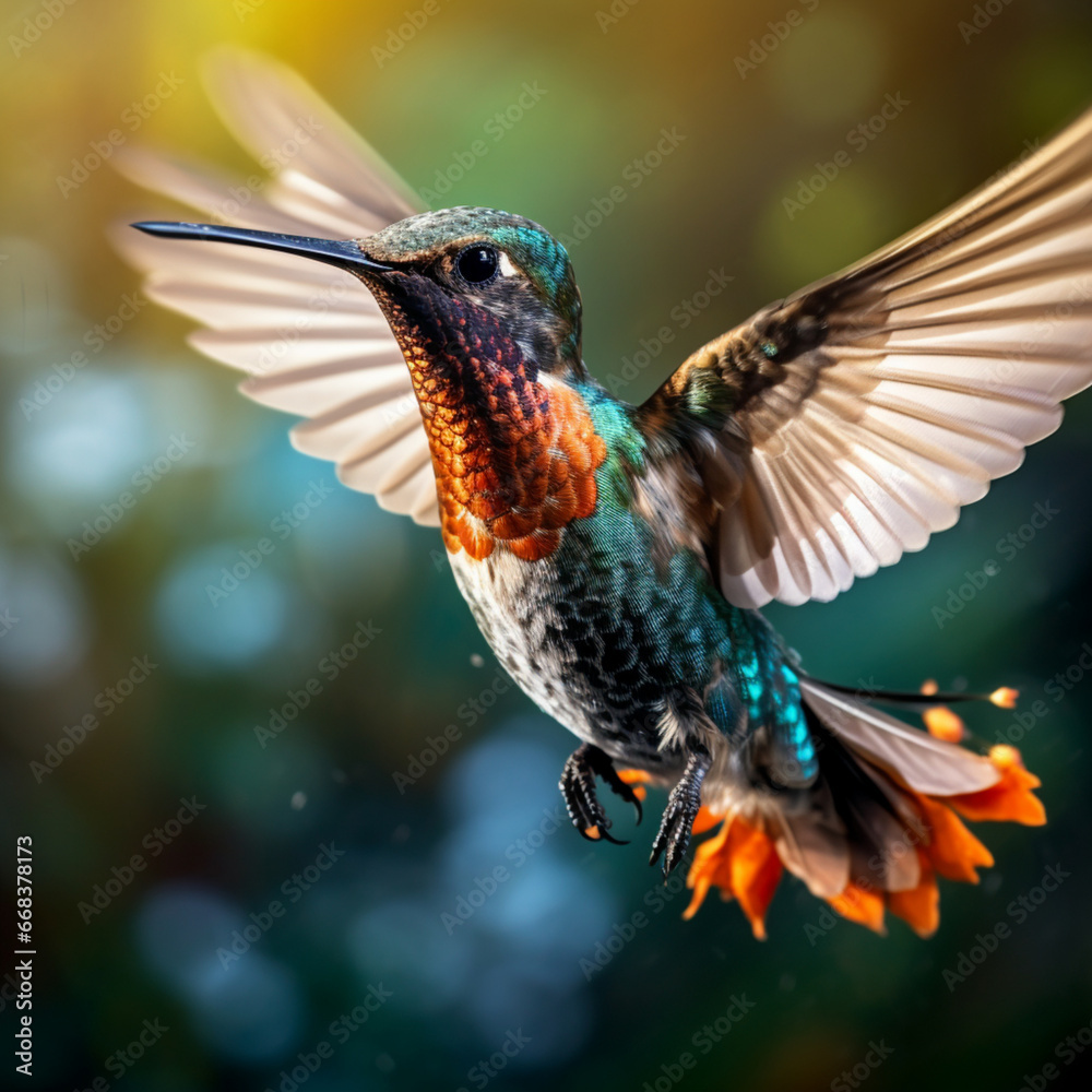 Fototapeta premium Fotografia de primer plano con detalle de colibri de colores vivos