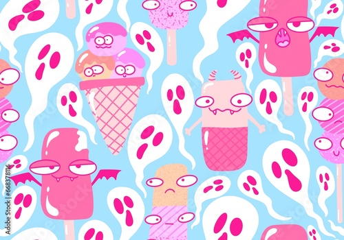 Cartoon ice cream seamless Halloween monsters pattern for wrapping paper and fabrics and linens and kids