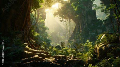 A dense jungle with towering trees  sunlight filtering through the lush canopy.