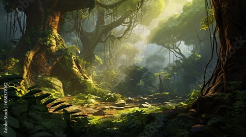 A dense jungle with towering trees, sunlight filtering through the lush canopy.