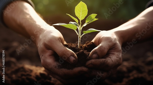 Hands together holding small plant in fertile soil, environmental sustainability, nurturing growth. generative ai