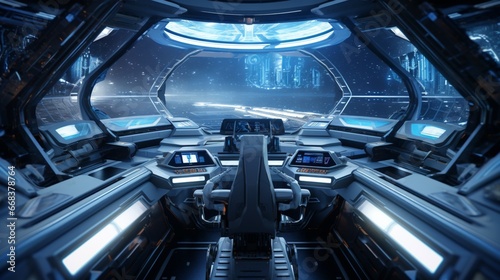 a futuristic spacecraft interior with gleaming aluminum surfaces, where technology and aesthetics seamlessly merge in the realm of advanced engineering