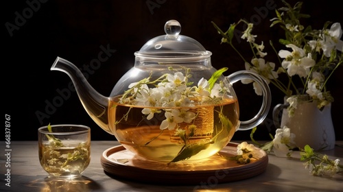 A glass teapot with blooming jasmine tea, petals unfurling in hot water