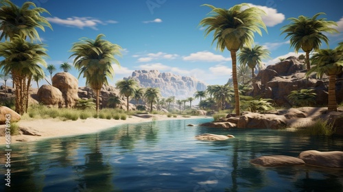 a hidden desert oasis with a pristine  palm-fringed lake  where the waters provide a stark contrast to the arid landscape