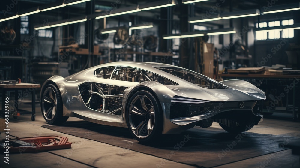 a high-end automotive workshop with aluminum car bodies in the process of assembly, capturing the craftsmanship of luxury automobile manufacturing