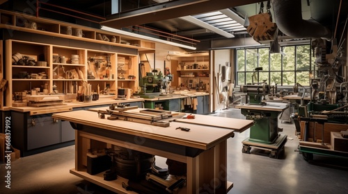 a high-tech woodworking studio with modern machinery and tools, where wood is meticulously crafted into contemporary pieces of art