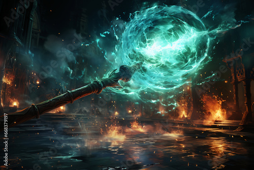 shot of a dark murky water cannon blast spell being launched by a magic wand. AI generative