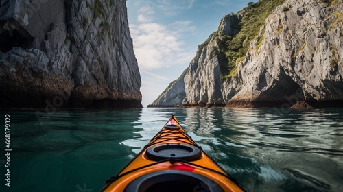 A kayak gliding through calm waters, framed by towering cliffs on both sides.