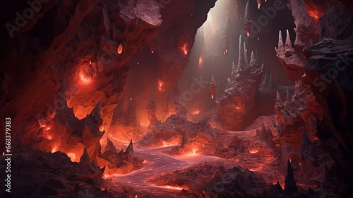 a luminous stone cavern deep beneath the Earth's surface, its walls adorned with glowing minerals that create an otherworldly, mesmerizing environment