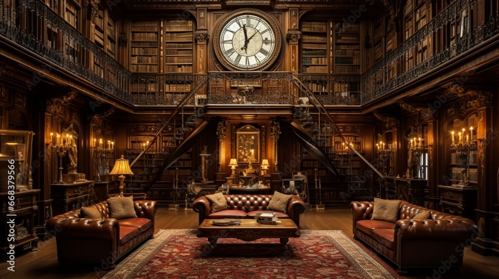 a majestic library with a grand, antique clock set amidst towering bookshelves, evoking an ambiance of intellectual allure