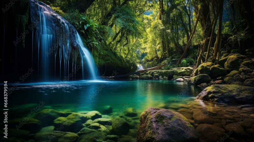 A majestic waterfall cascading into a crystal-clear pool in the heart of the forest.